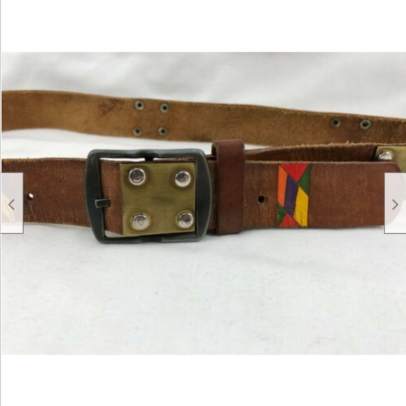 Leather Belt w/ Brass Plate Accent & Painted Design Ladies Small 35" - Picture 2 of 8